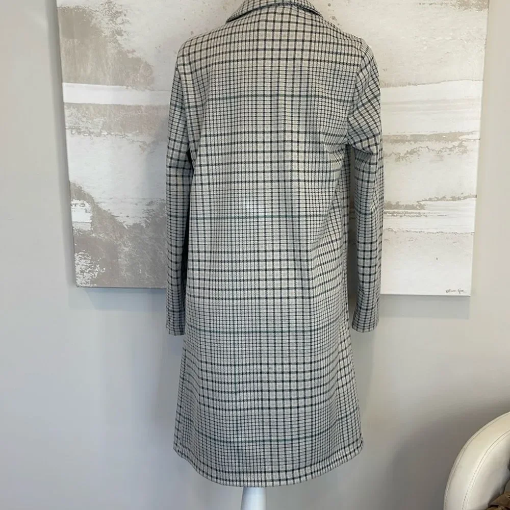 Melloday TRENCH COAT GREY BLUE PLAID SLASH POCKET OPEN FRONT - Picture 5 of 7